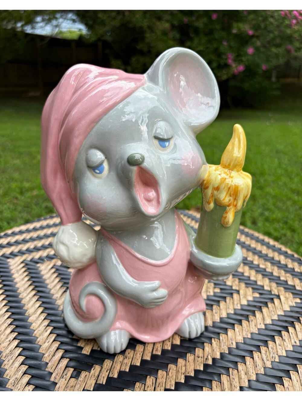 Ceramic Hand Painted Mouse Figurine Holding Candle Gray/Pink
